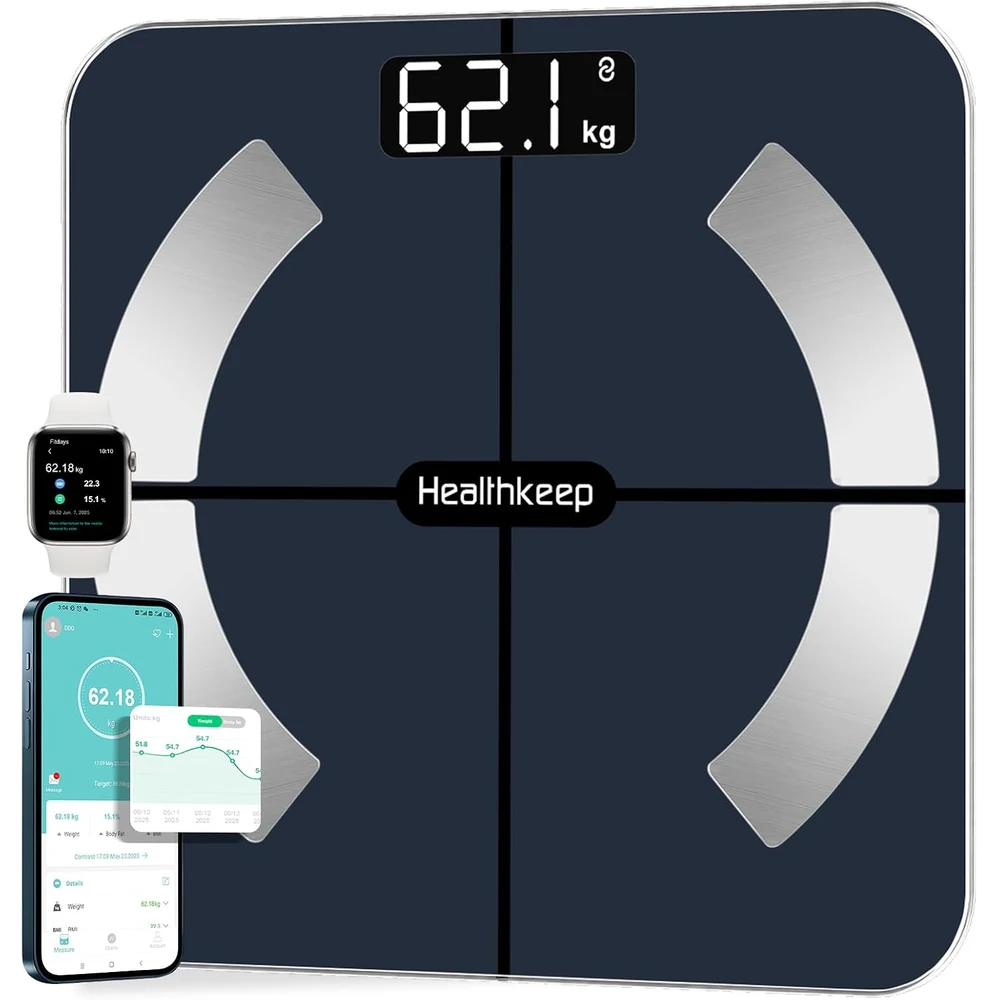 Healthkeep Báscula de Baño Digital Wireless, 13 Monitores de Composición Corporal, Negro