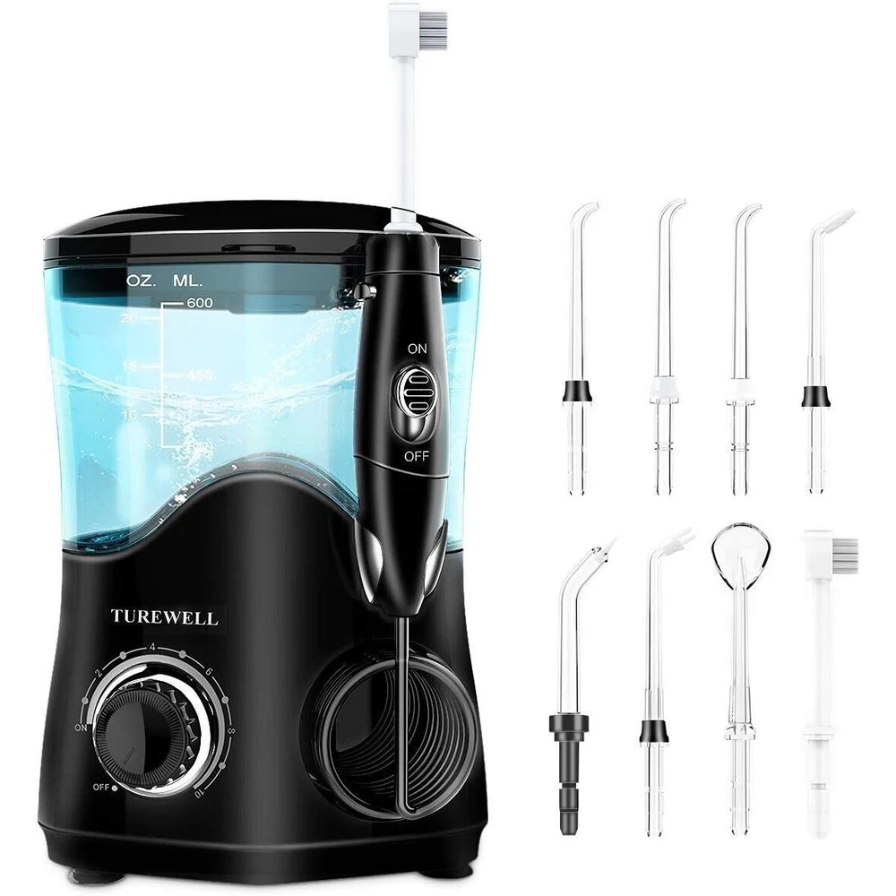 TUREWELL Irrigador Dental Negro con 8 Boquillas, 600ml